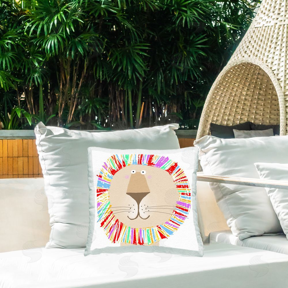 Carla Daly Smiling Rainbow Lion Outdoor Quick-Dry Polyester Printed Throw Pillow in Back Yard