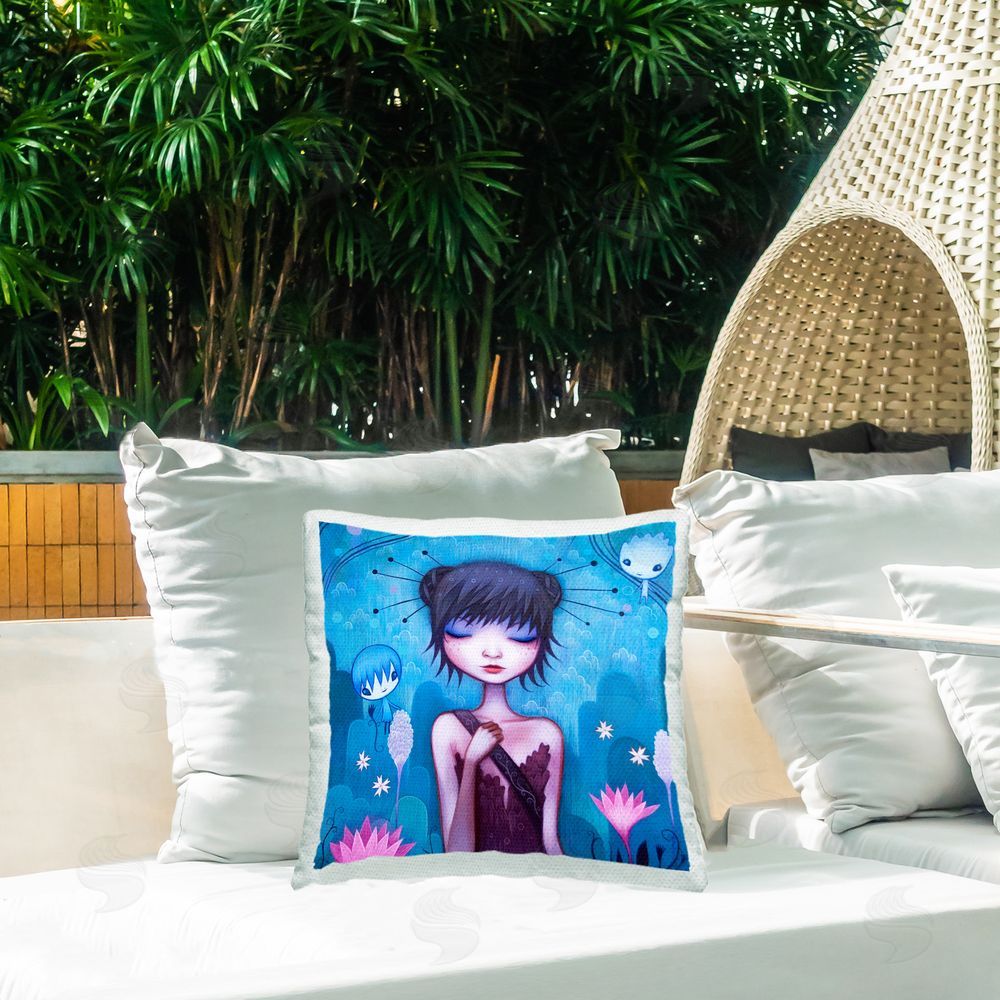 Jeremiah Ketner Girl in Fantasy Landscape Outdoor Quick-Dry Polyester Printed Throw Pillow in Back Yard