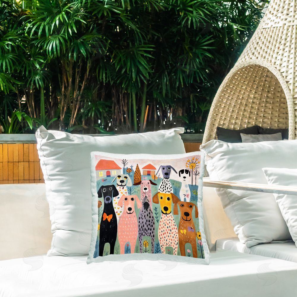 Lazar Studio Mixed Puppies Landscape Outdoor Quick-Dry Polyester Printed Throw Pillow in Back Yard