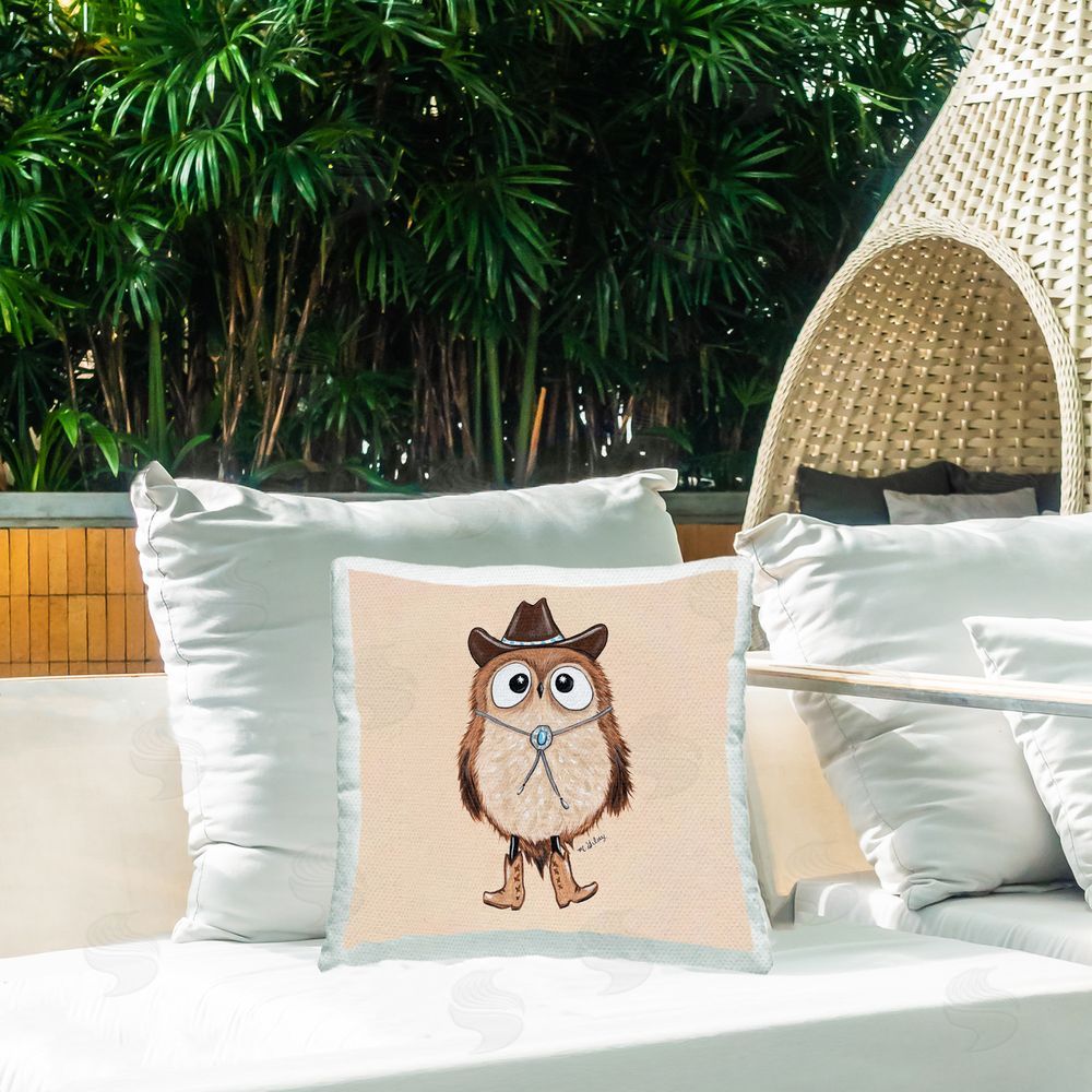 Michelle Gilsey Western Cowboy Owl Outdoor Quick-Dry Polyester Printed Throw Pillow in Back Yard