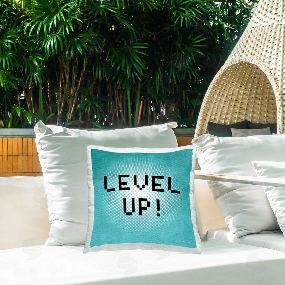 Yass Naffas Designs Level Up Pixel Phrase Outdoor Quick-Dry Polyester Printed Throw Pillow in Back Yard