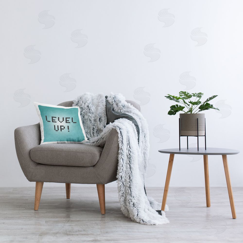 Yass Naffas Designs Level Up Pixel Phrase Printed Plush Polyester Throw Pillow On Chair