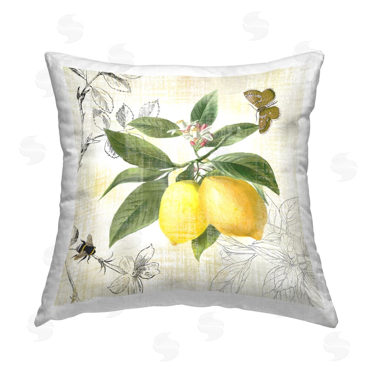 Nan Vintage Lemons & Insects Printed Plush Polyester Throw Pillow