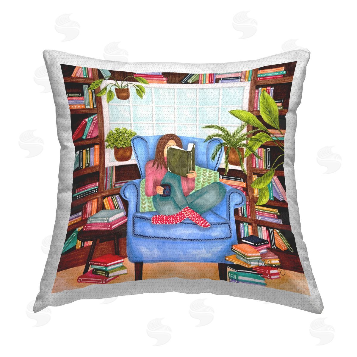 Ale Saiz Studio Girl Reading with Books Outdoor Quick-Dry Polyester Printed Throw Pillow