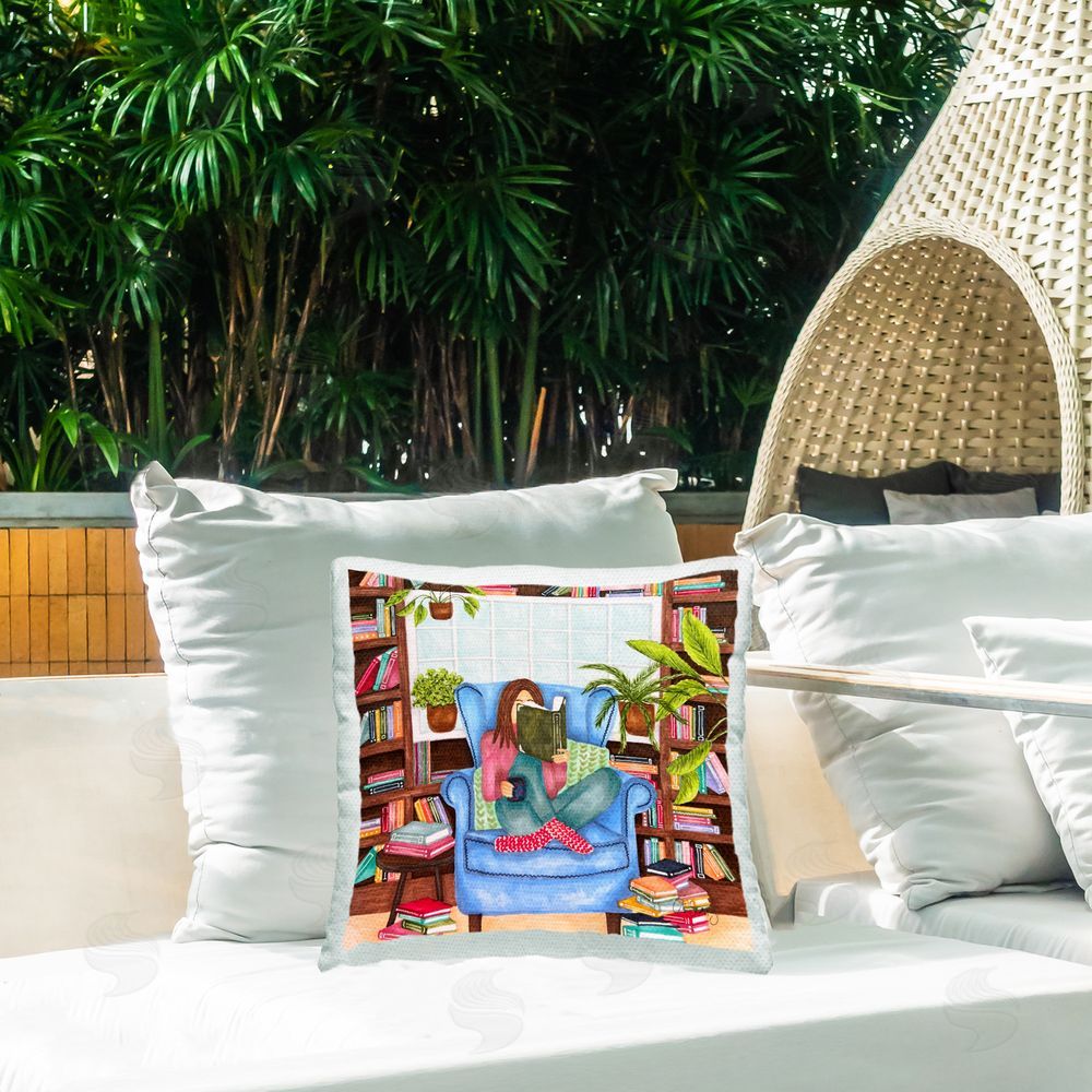 Ale Saiz Studio Girl Reading with Books Outdoor Quick-Dry Polyester Printed Throw Pillow in Back Yard