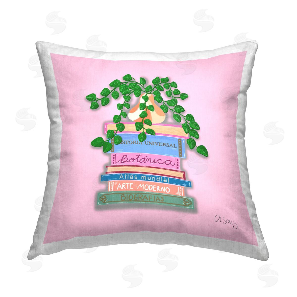 Ale Saiz Studio Bookstack with Herb Vase Printed Plush Polyester Throw Pillow