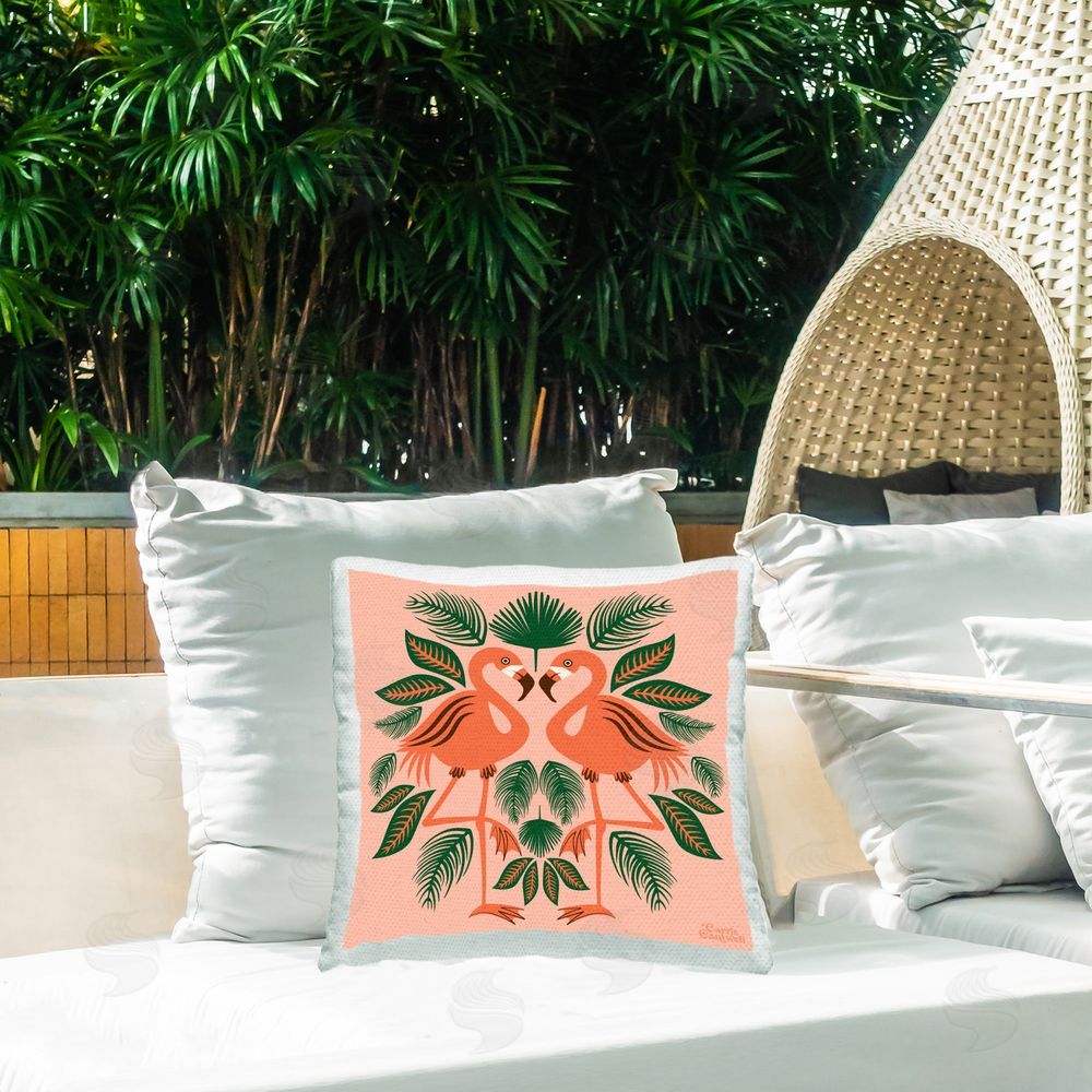 Carrie Cantwell Symmetrical Flamingo Duo Outdoor Quick-Dry Polyester Printed Throw Pillow in Back Yard