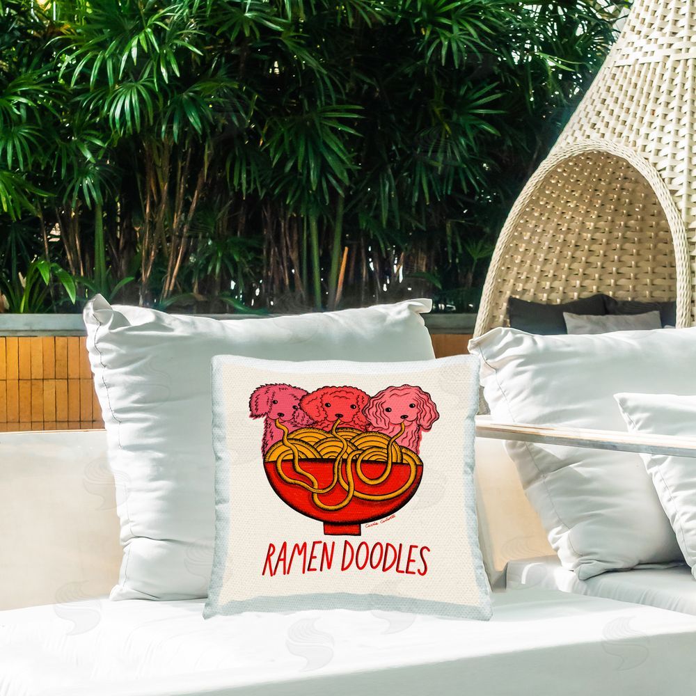 Carrie Cantwell Ramen Doodles Dogs Outdoor Quick-Dry Polyester Printed Throw Pillow in Back Yard