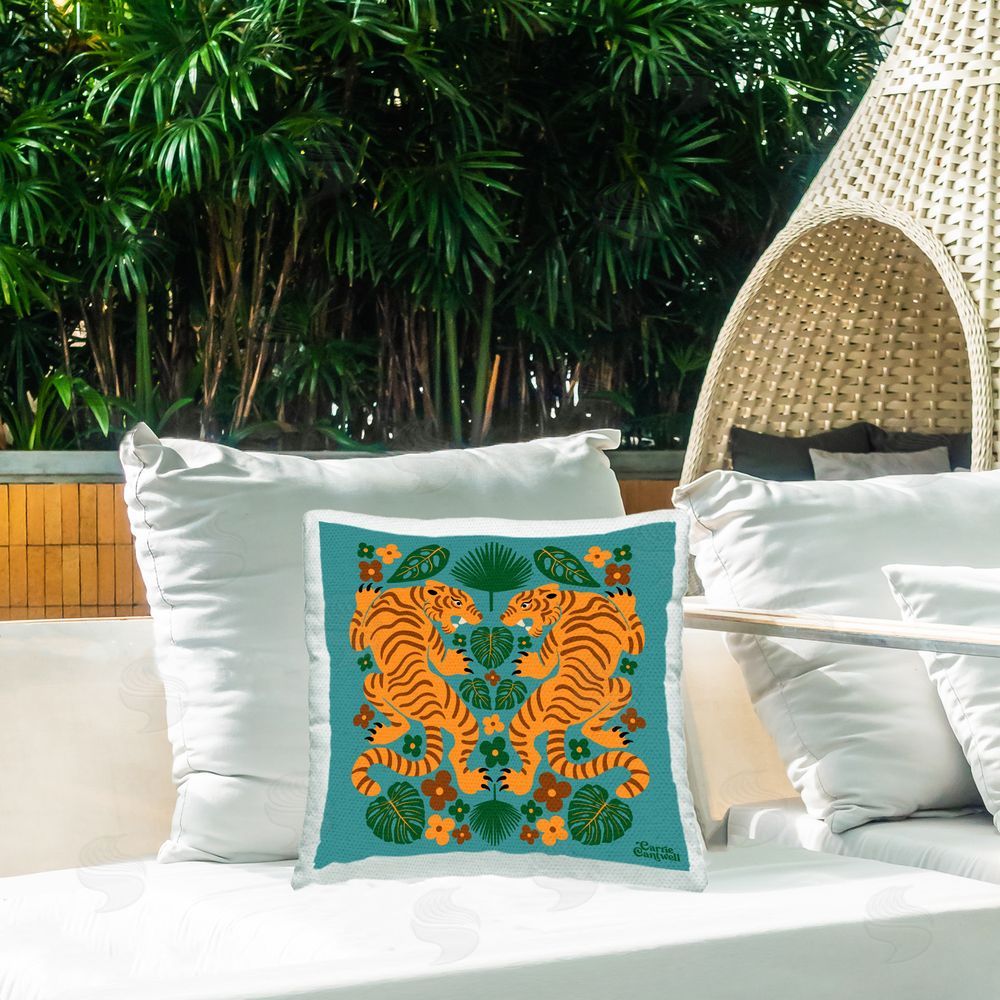Carrie Cantwell Mirrored Tigers & Leaves Outdoor Quick-Dry Polyester Printed Throw Pillow in Back Yard