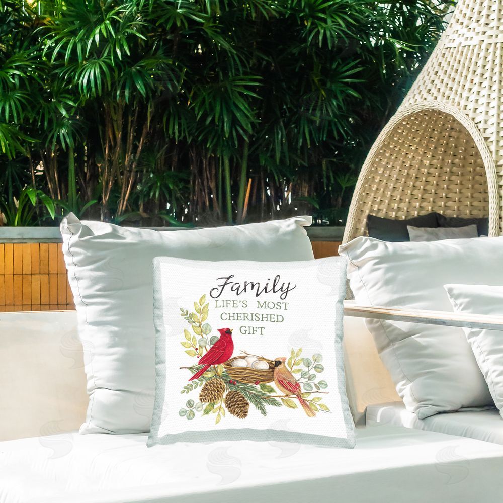 Deb Strain Family Phrase with Birds Outdoor Quick-Dry Polyester Printed Throw Pillow in Back Yard