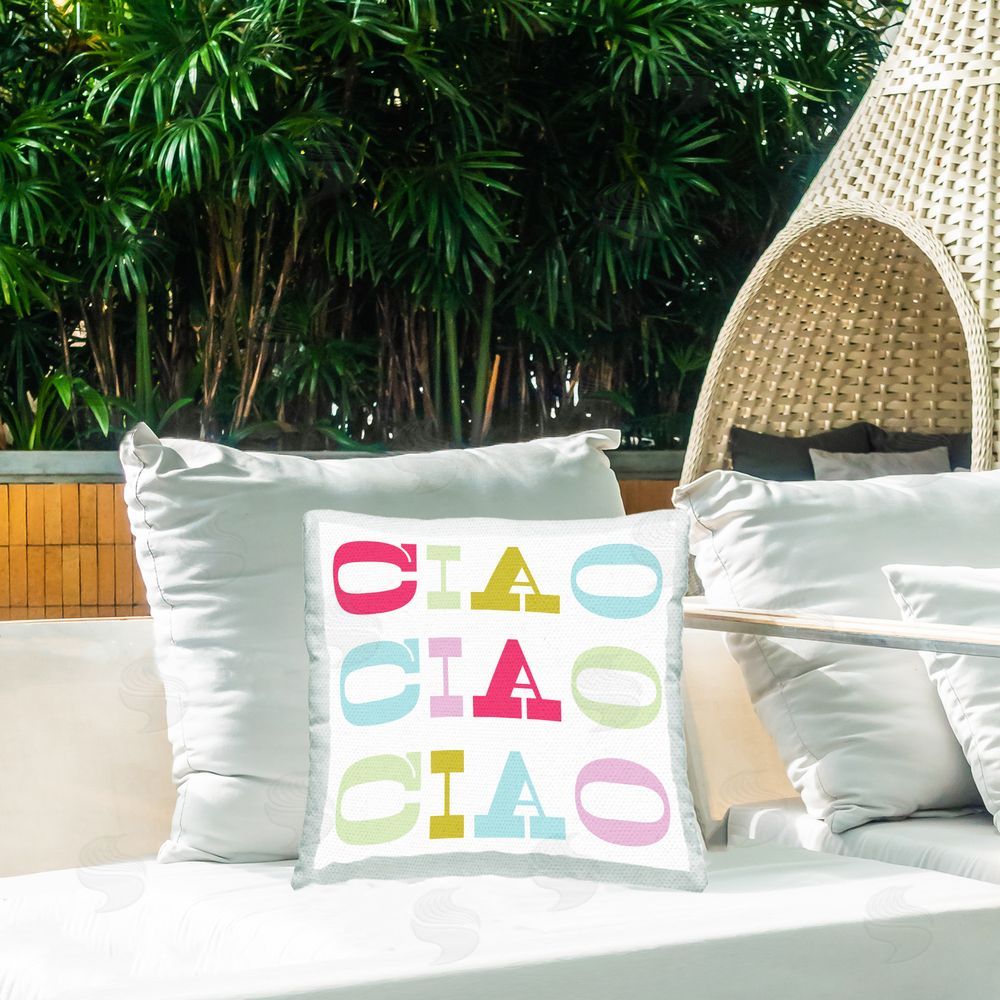 Stupell Studio Ciao Typography Pattern Outdoor Quick-Dry Polyester Printed Throw Pillow in Back Yard