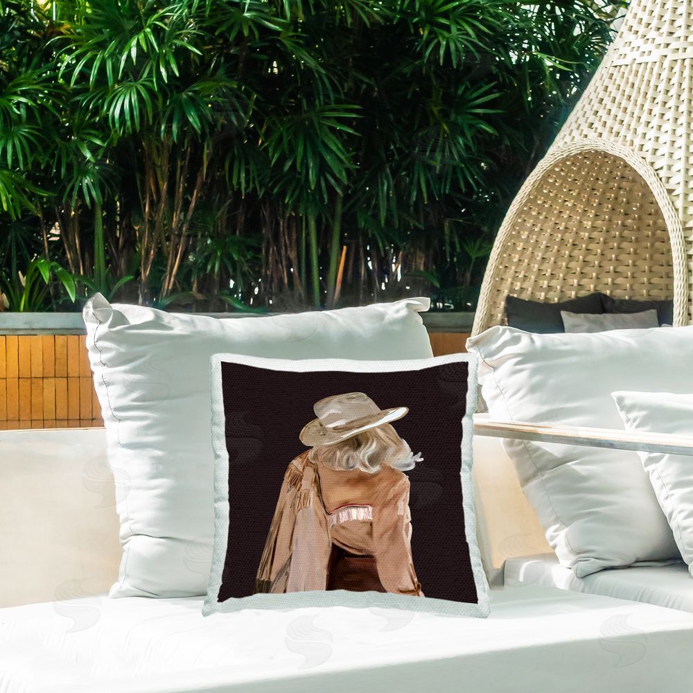 Amelia Noyes Cowgirl on Black Outdoor Quick-Dry Polyester Printed Throw Pillow in Back Yard