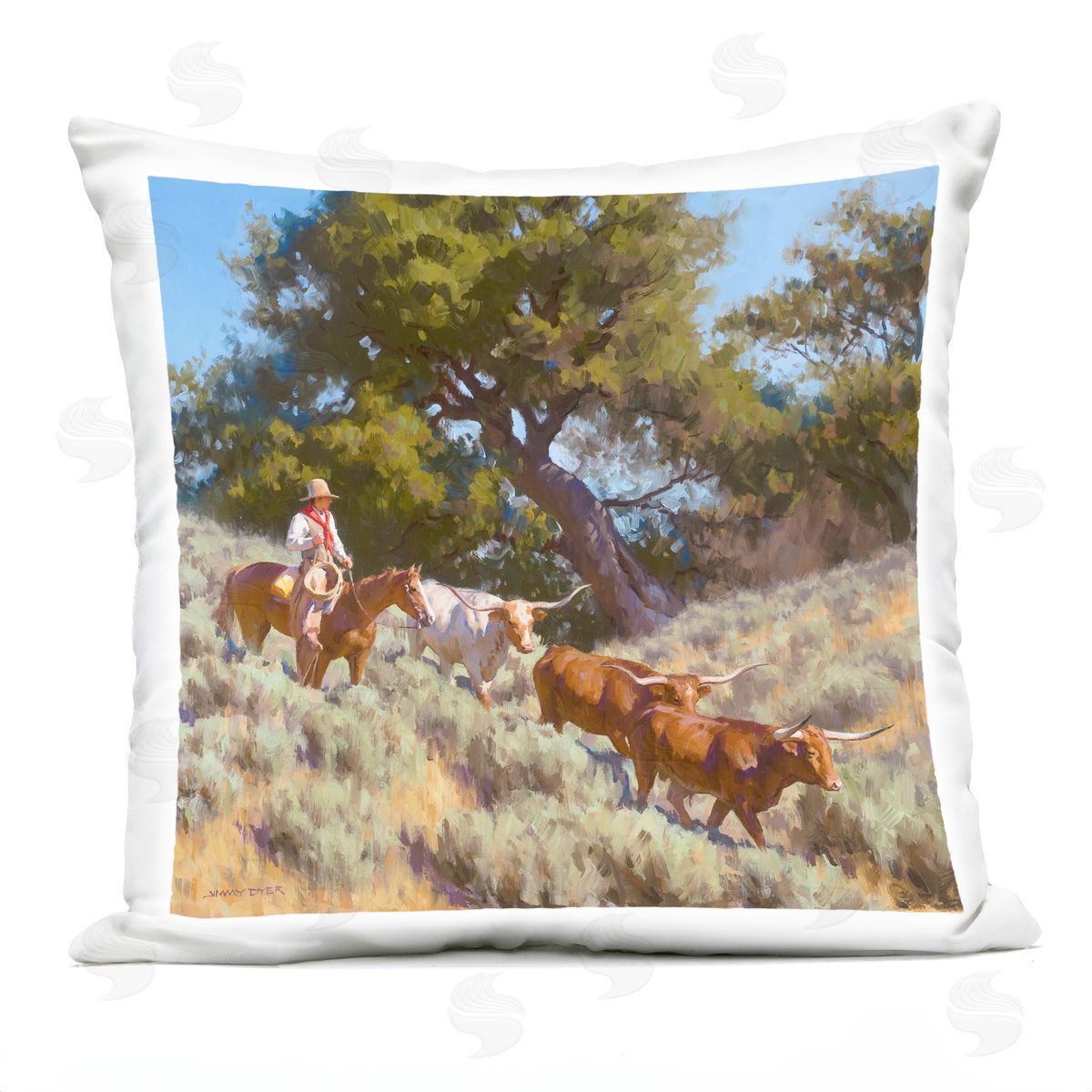 Jimmy Dyer Traditional Cowboy & Cattle Outdoor Quick-Dry Polyester Printed Throw Pillow