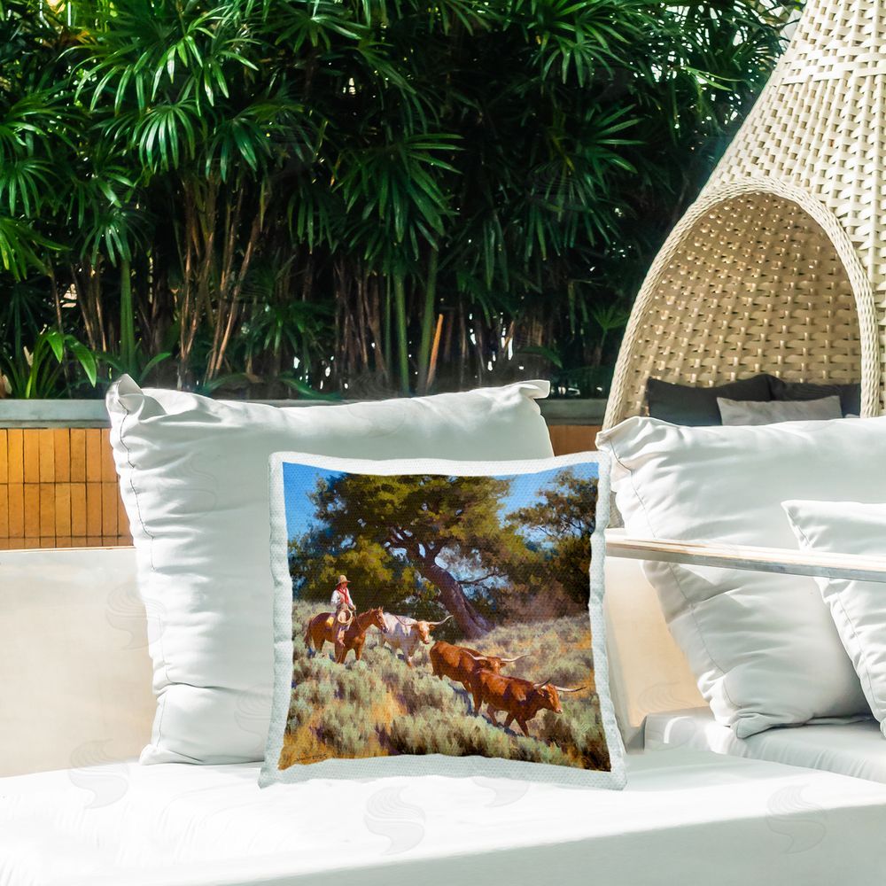 Jimmy Dyer Traditional Cowboy & Cattle Outdoor Quick-Dry Polyester Printed Throw Pillow in Back Yard