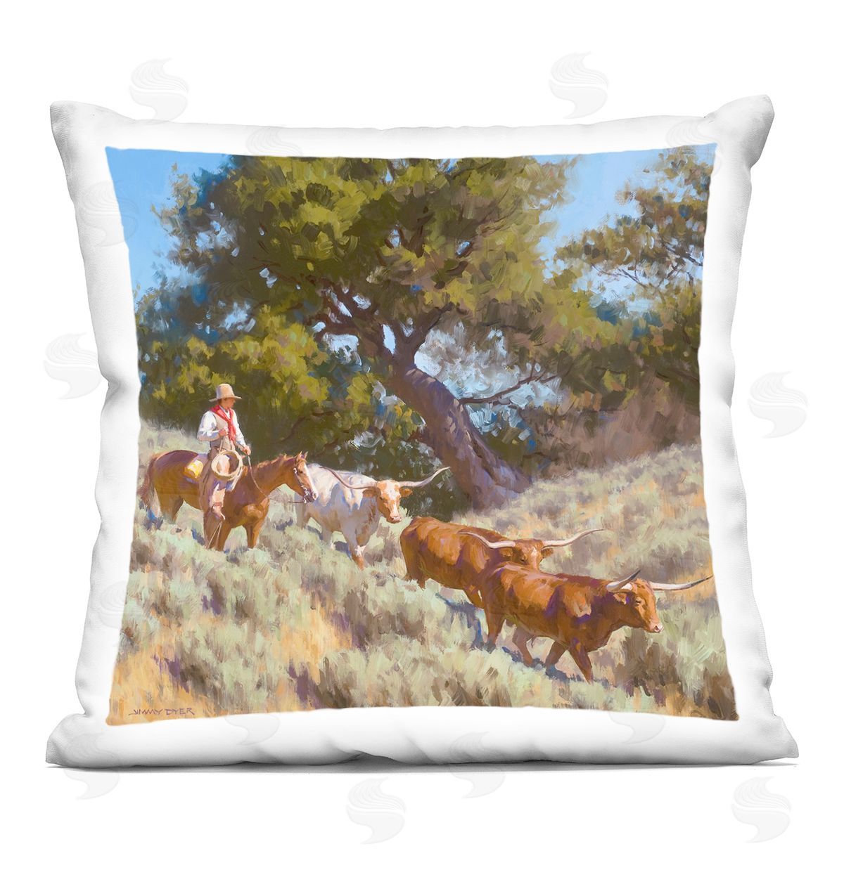 Jimmy Dyer Traditional Cowboy & Cattle Printed Plush Polyester Throw Pillow
