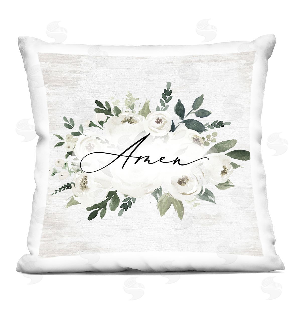 Lettered and Lined Amen & White Roses Printed Plush Polyester Throw Pillow