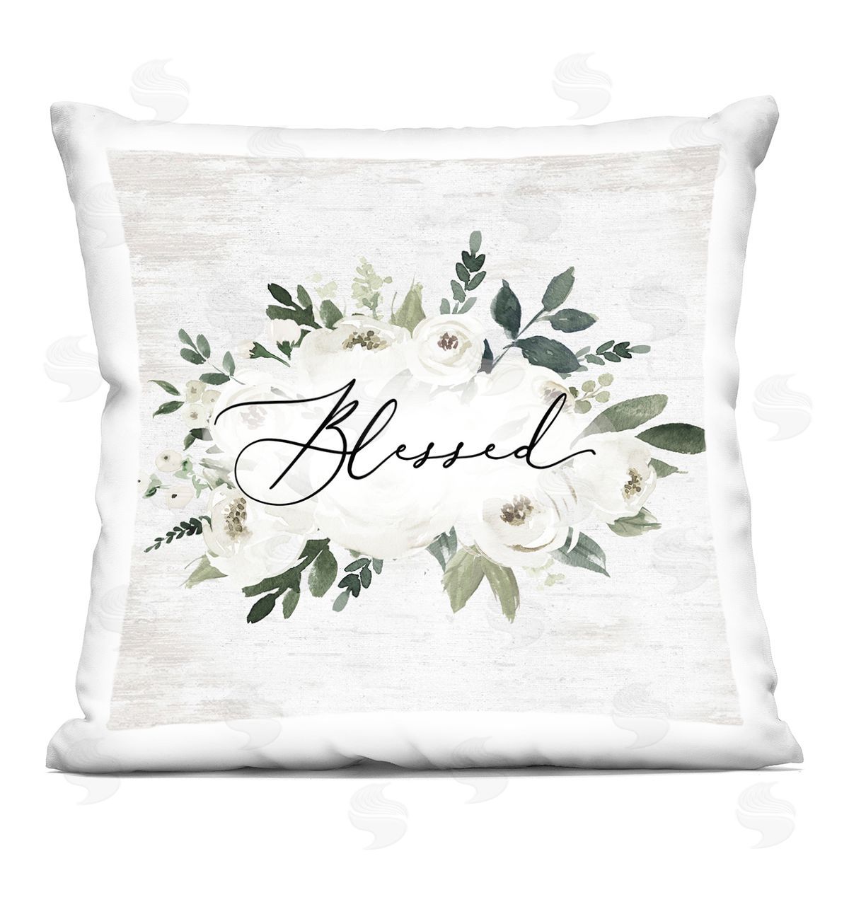 Lettered and Lined Blessed & White Roses Printed Plush Polyester Throw Pillow
