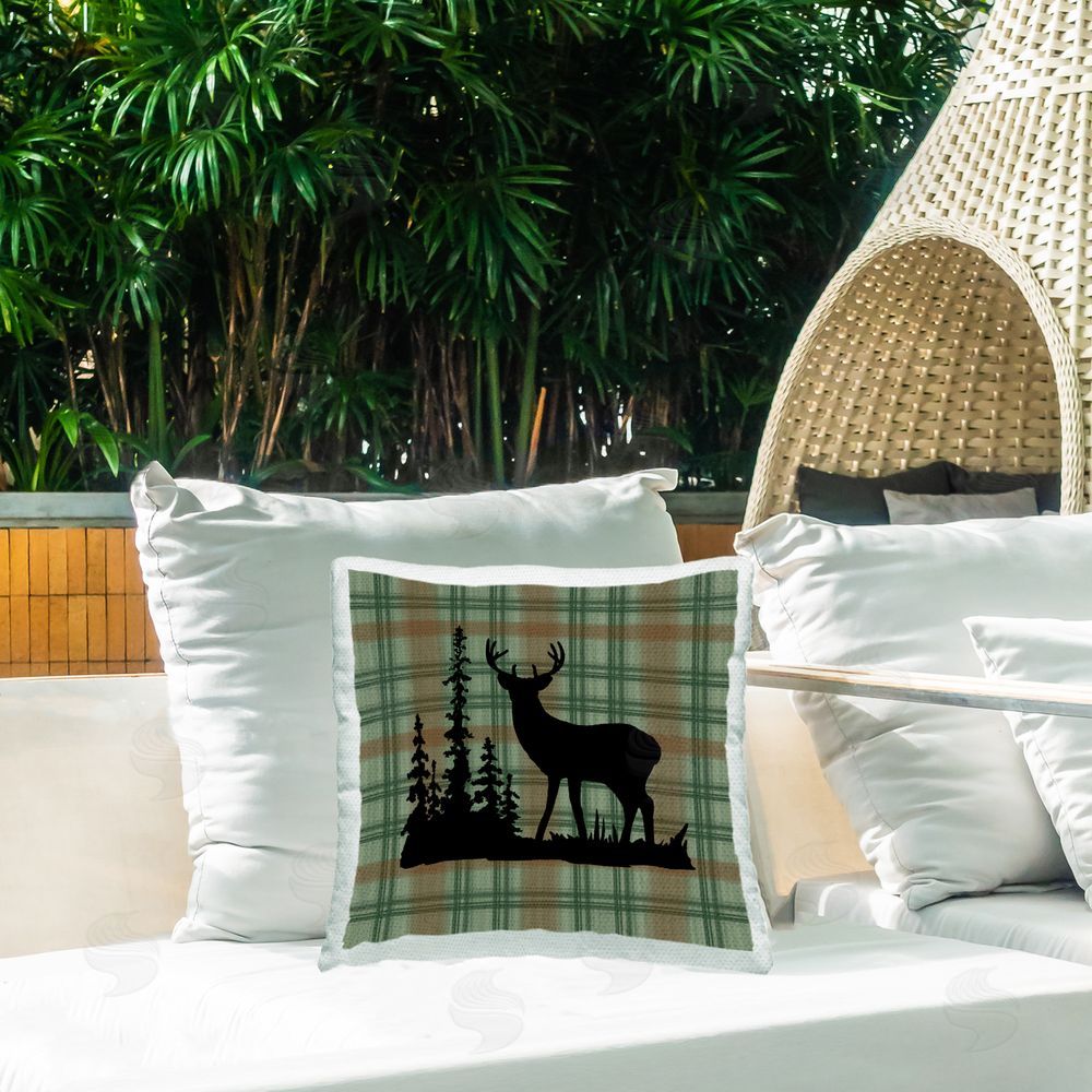 Jacki Frerichs Green Plaid Elk Silhouette Outdoor Quick-Dry Polyester Printed Throw Pillow in Back Yard