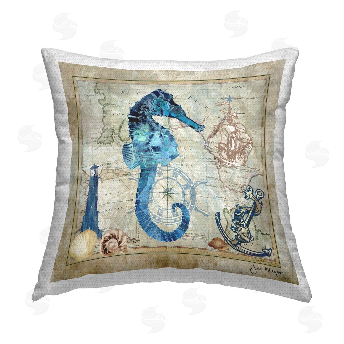 Jill Meyer Seahorse & Maritime Map Outdoor Quick-Dry Polyester Printed Throw Pillow