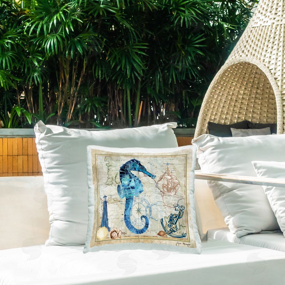Jill Meyer Seahorse & Maritime Map Outdoor Quick-Dry Polyester Printed Throw Pillow in Back Yard