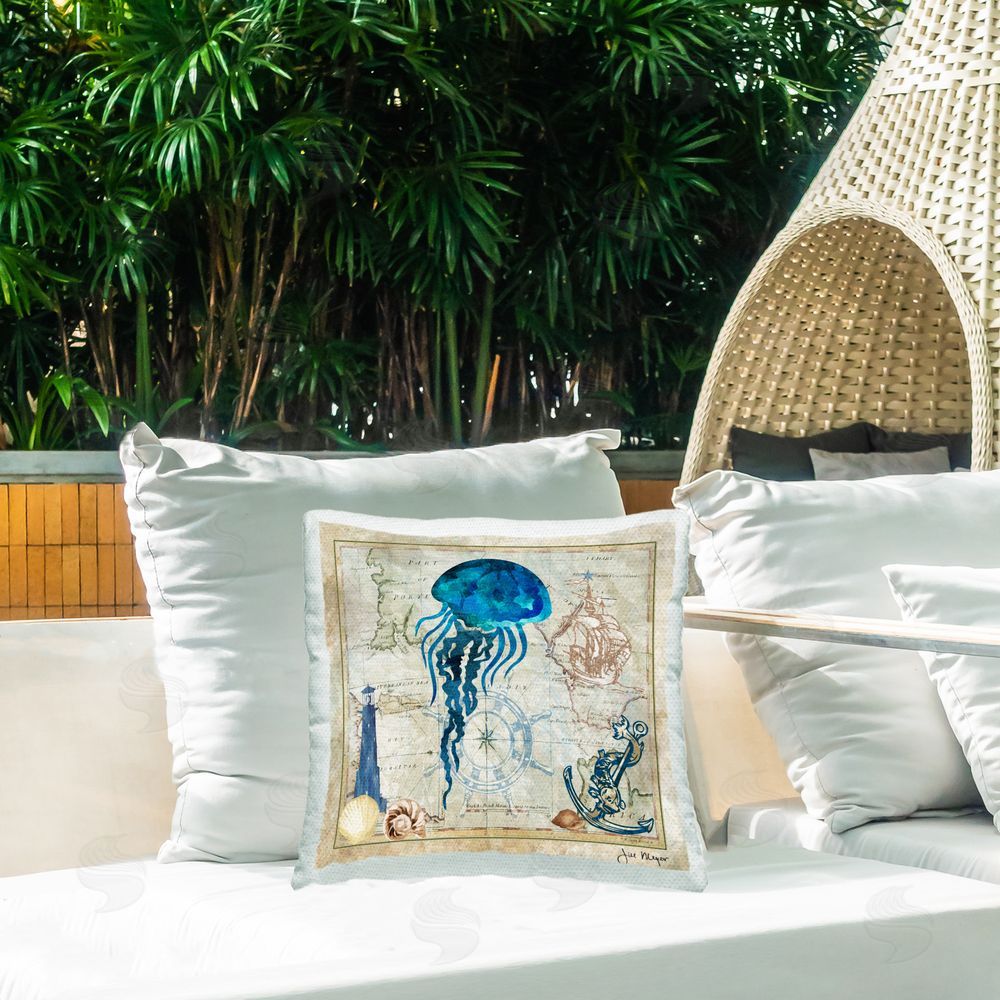 Jill Meyer Jellyfish & Maritime Map Outdoor Quick-Dry Polyester Printed Throw Pillow in Back Yard