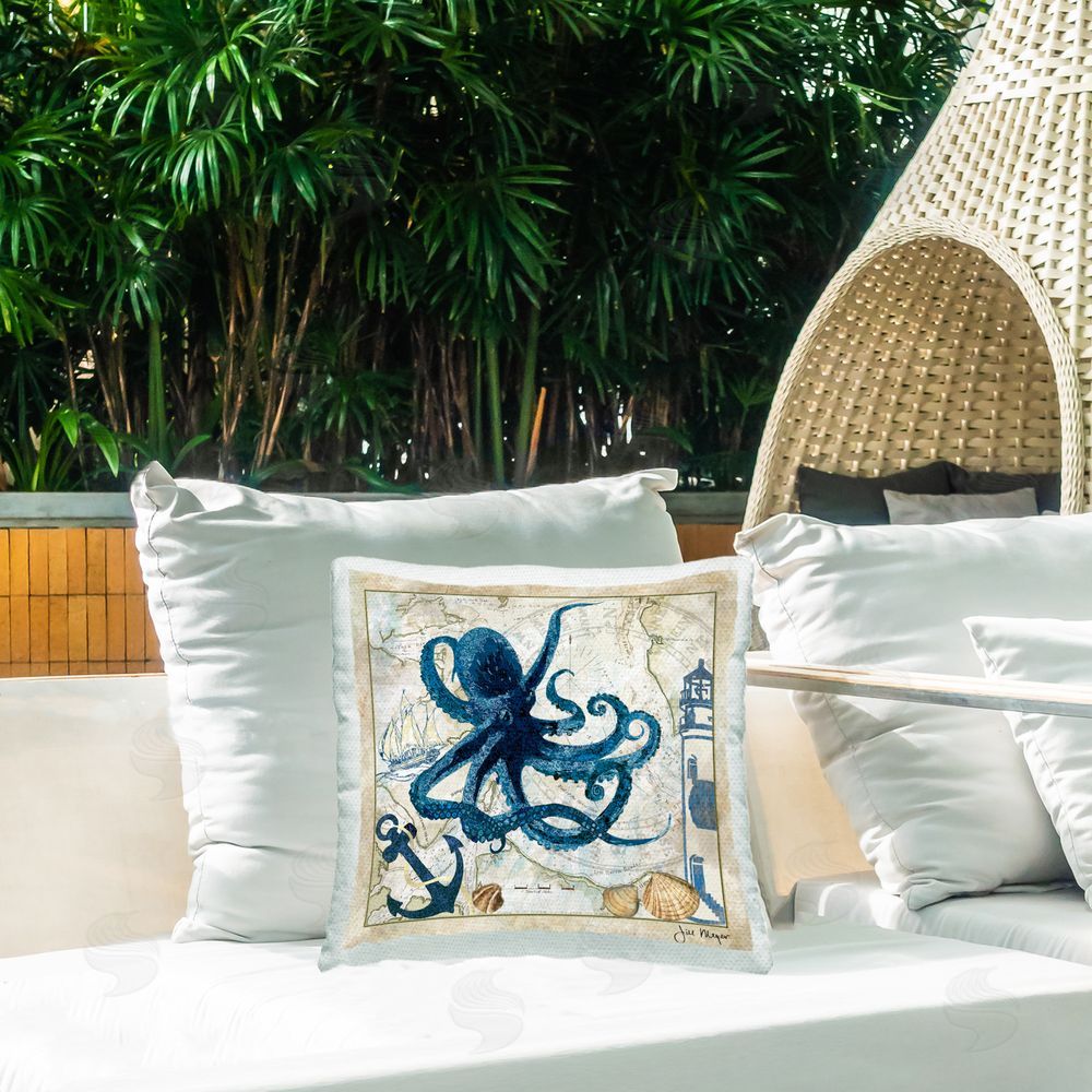 Jill Meyer Octopus & Maritime Map Outdoor Quick-Dry Polyester Printed Throw Pillow in Back Yard