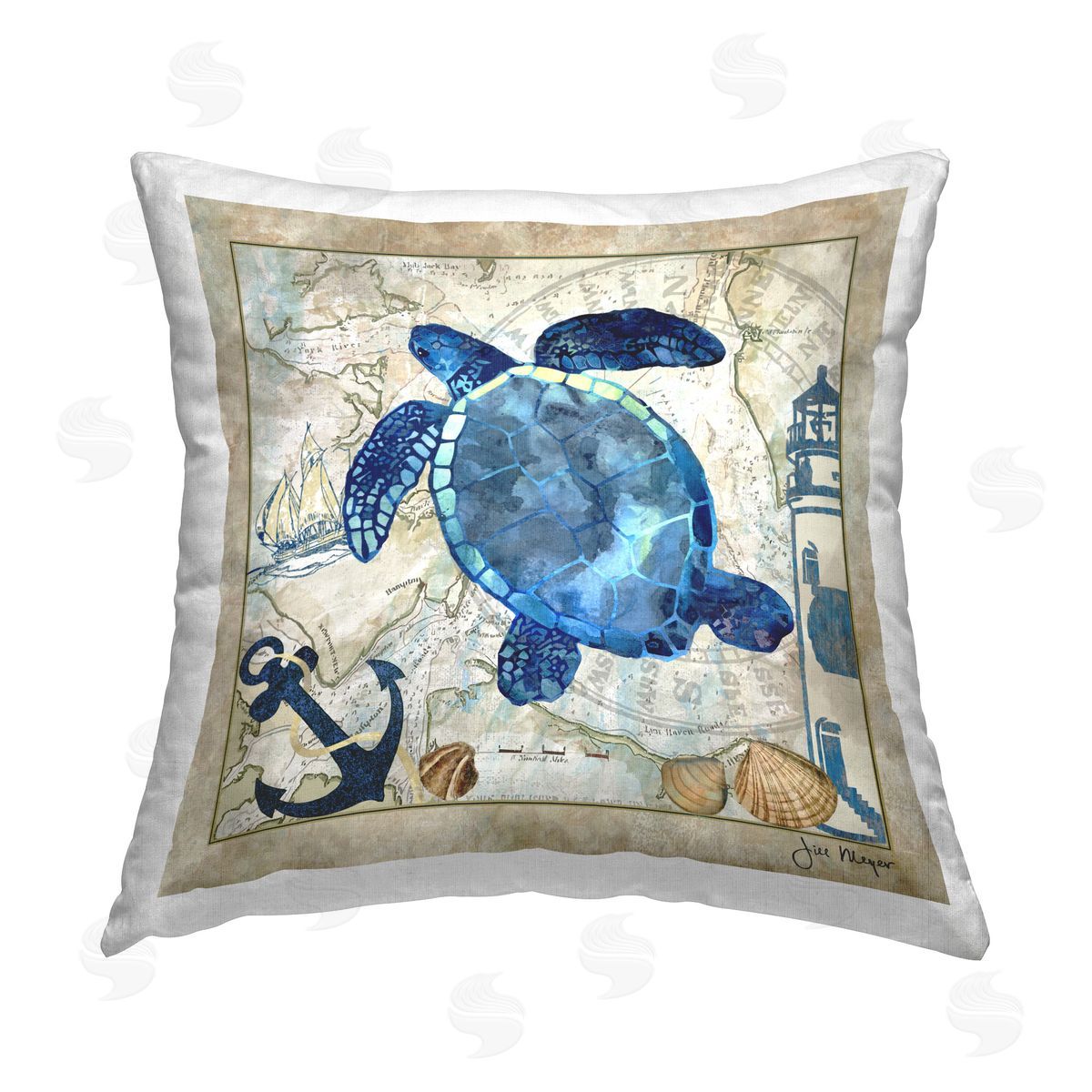 Jill Meyer Turtle & Maritime Map Printed Plush Polyester Throw Pillow