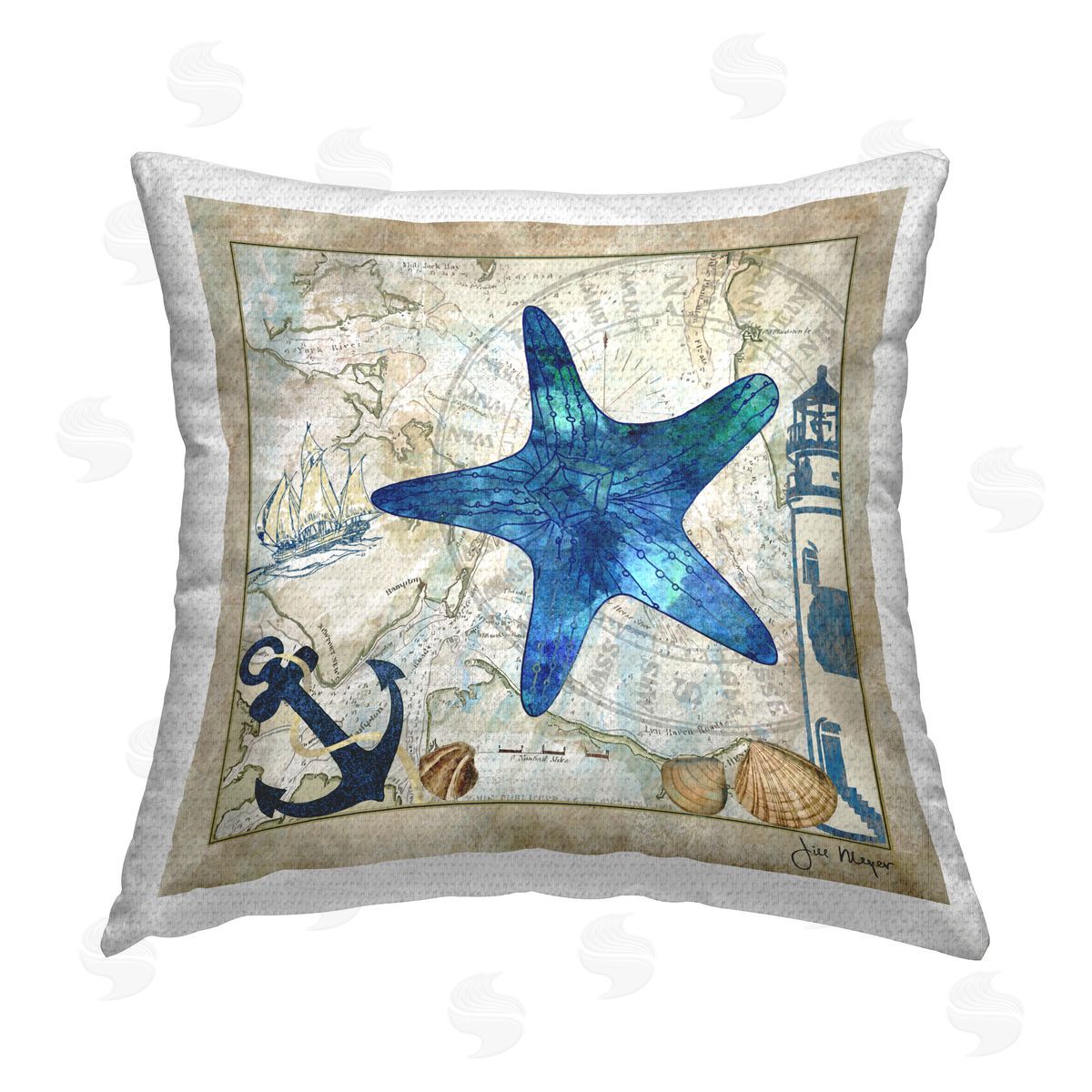 Jill Meyer Starfish & Maritime Map Outdoor Quick-Dry Polyester Printed Throw Pillow