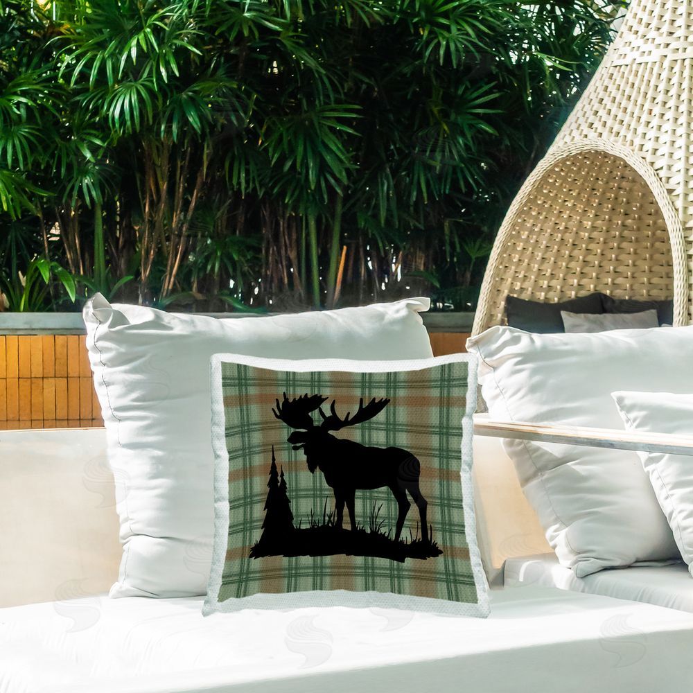 Jacki Frerichs Green Plaid Moose Outdoor Quick-Dry Polyester Printed Throw Pillow in Back Yard