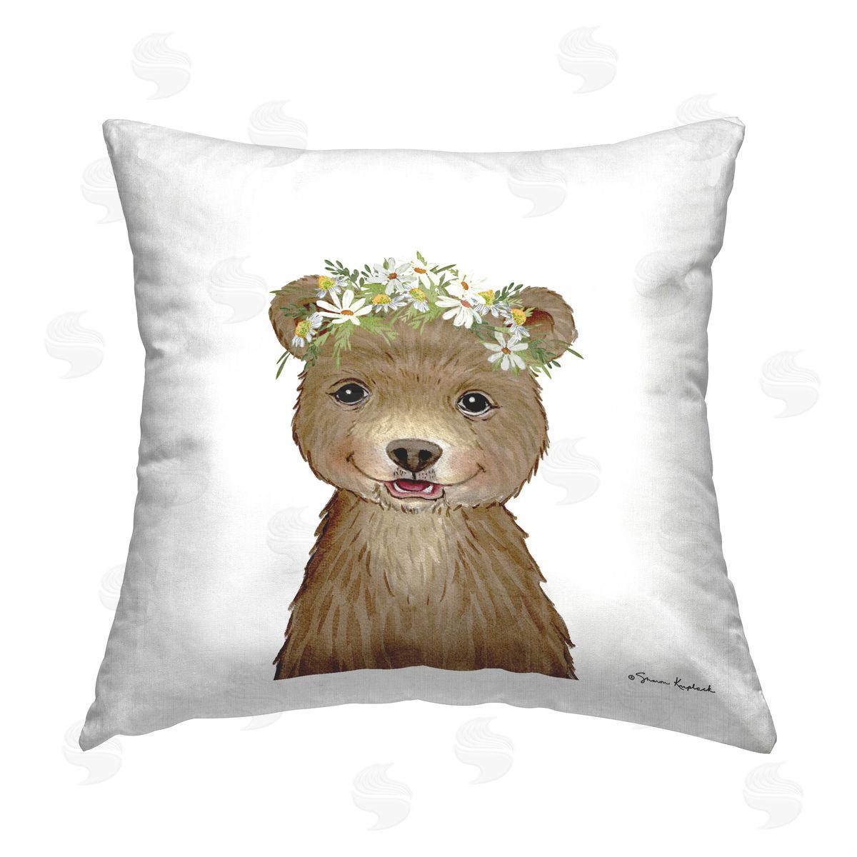 Sharon Kuplack Smiling Floral Bear Cub Printed Plush Polyester Throw Pillow