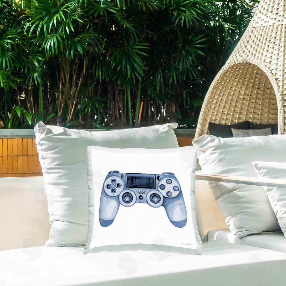 Sharon Kuplack Blue Gaming Controller Outdoor Quick-Dry Polyester Printed Throw Pillow in Back Yard