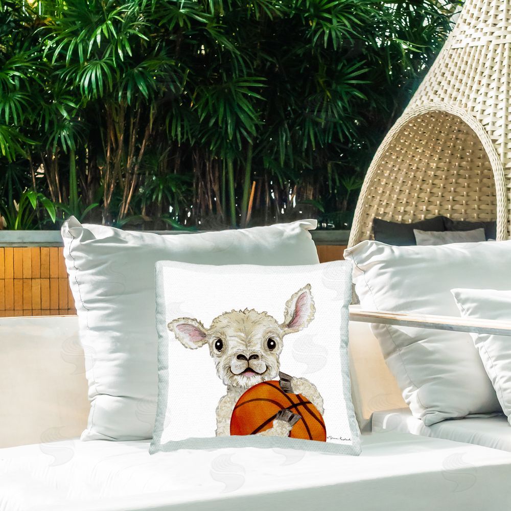 Sharon Kuplack Sheep with Basketball Outdoor Quick-Dry Polyester Printed Throw Pillow in Back Yard