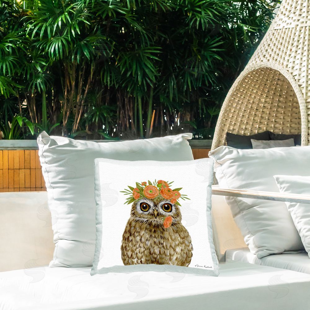 Sharon Kuplack Owl & Rose Garland Outdoor Quick-Dry Polyester Printed Throw Pillow in Back Yard