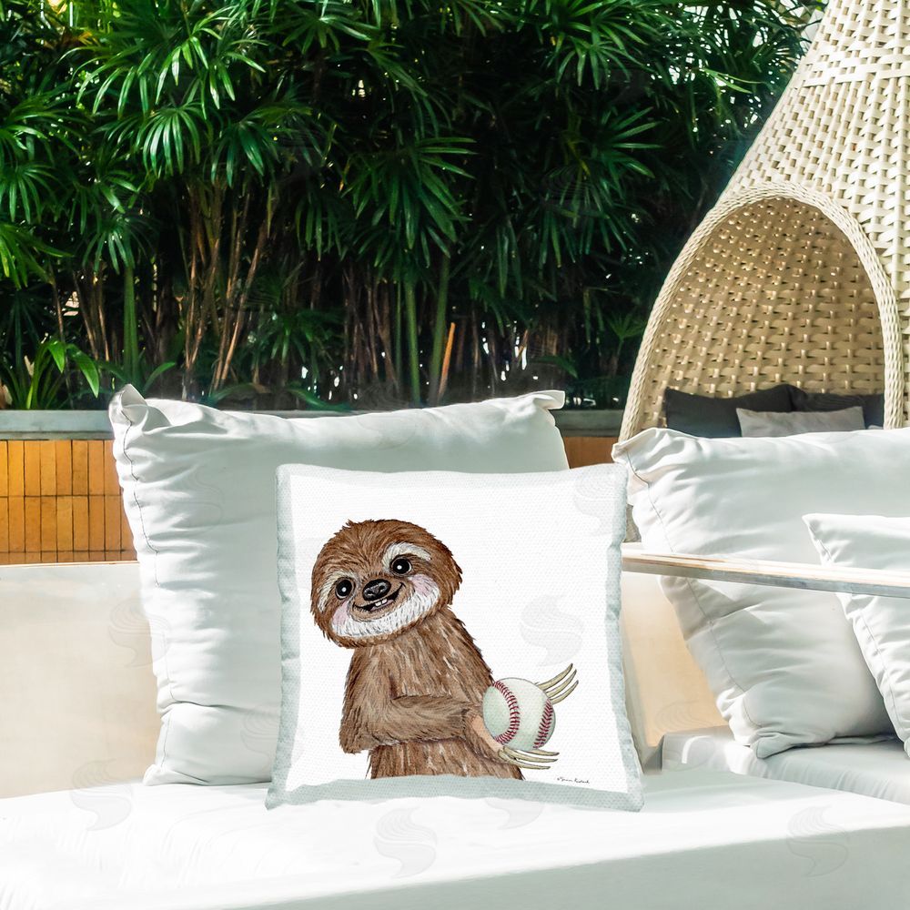 Sharon Kuplack Sloth Holding Baseball Outdoor Quick-Dry Polyester Printed Throw Pillow in Back Yard