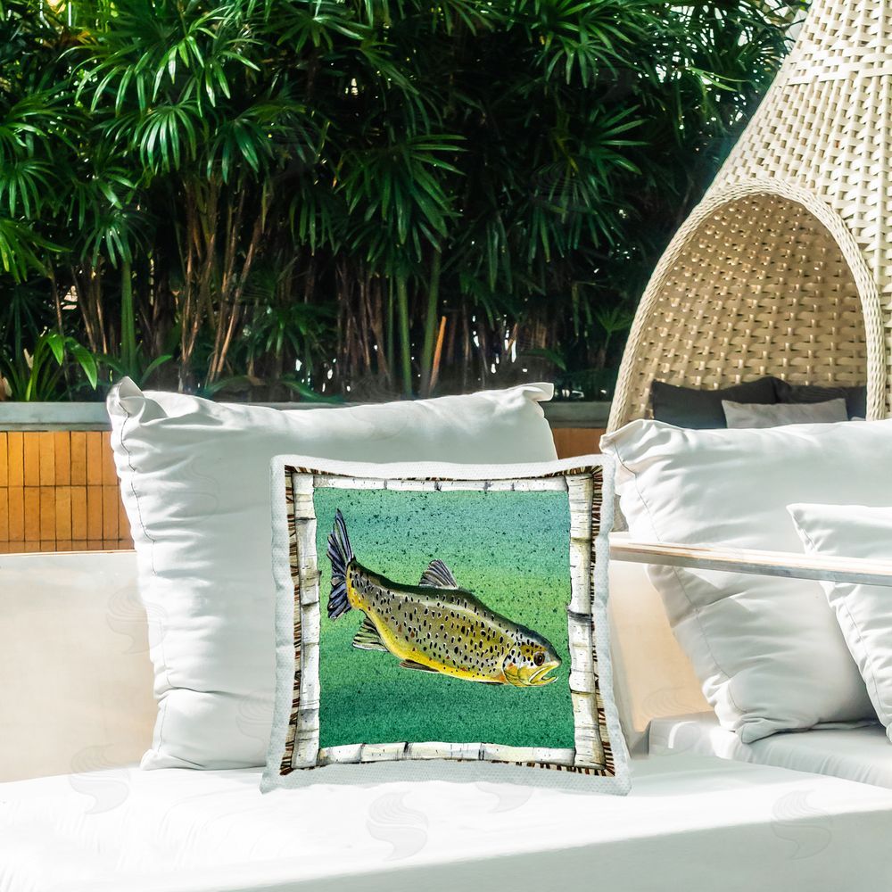 Jacki Frerichs Rustic Trout Fish Outdoor Quick-Dry Polyester Printed Throw Pillow in Back Yard