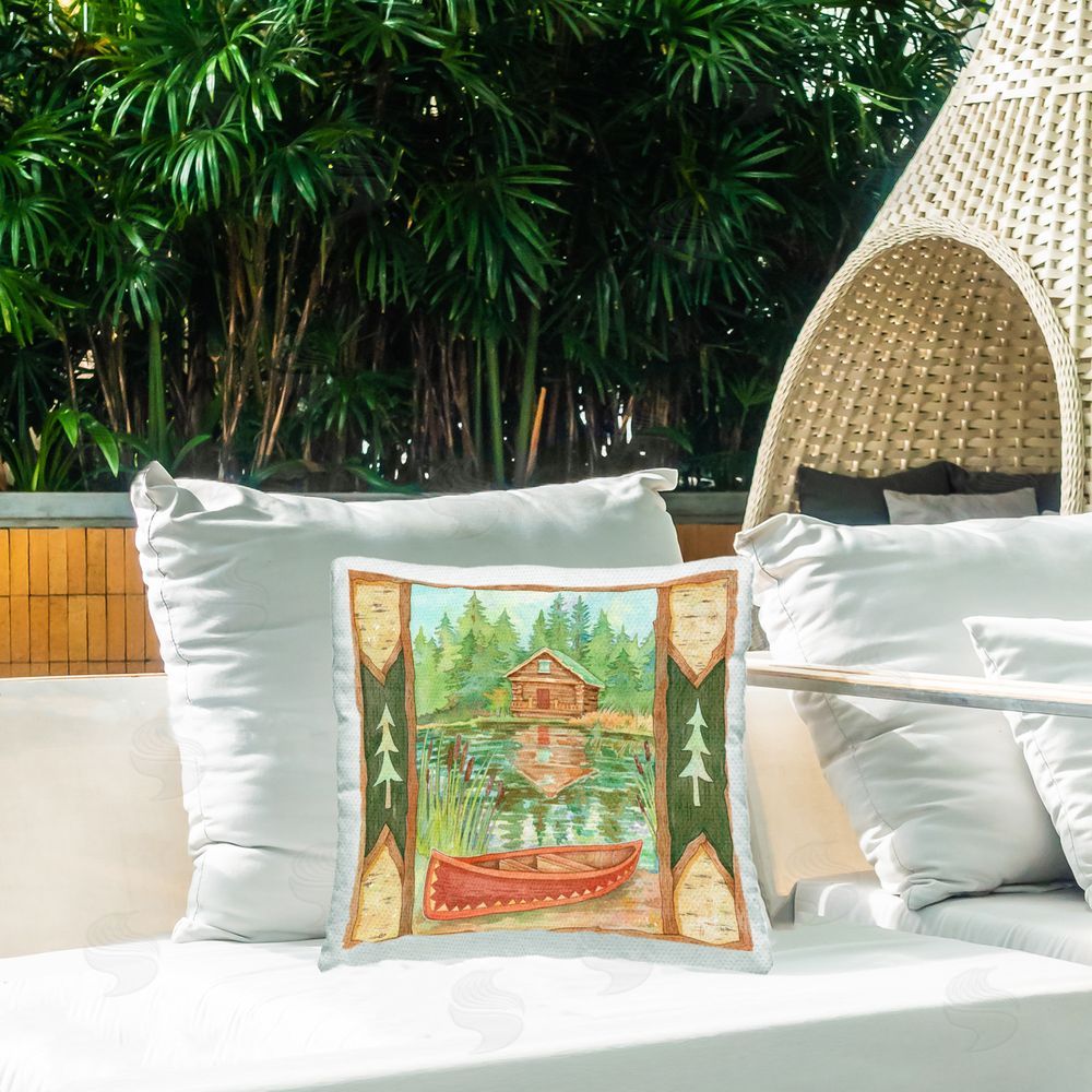 Andrea Tachiera Canoe on Lake View Outdoor Quick-Dry Polyester Printed Throw Pillow in Back Yard