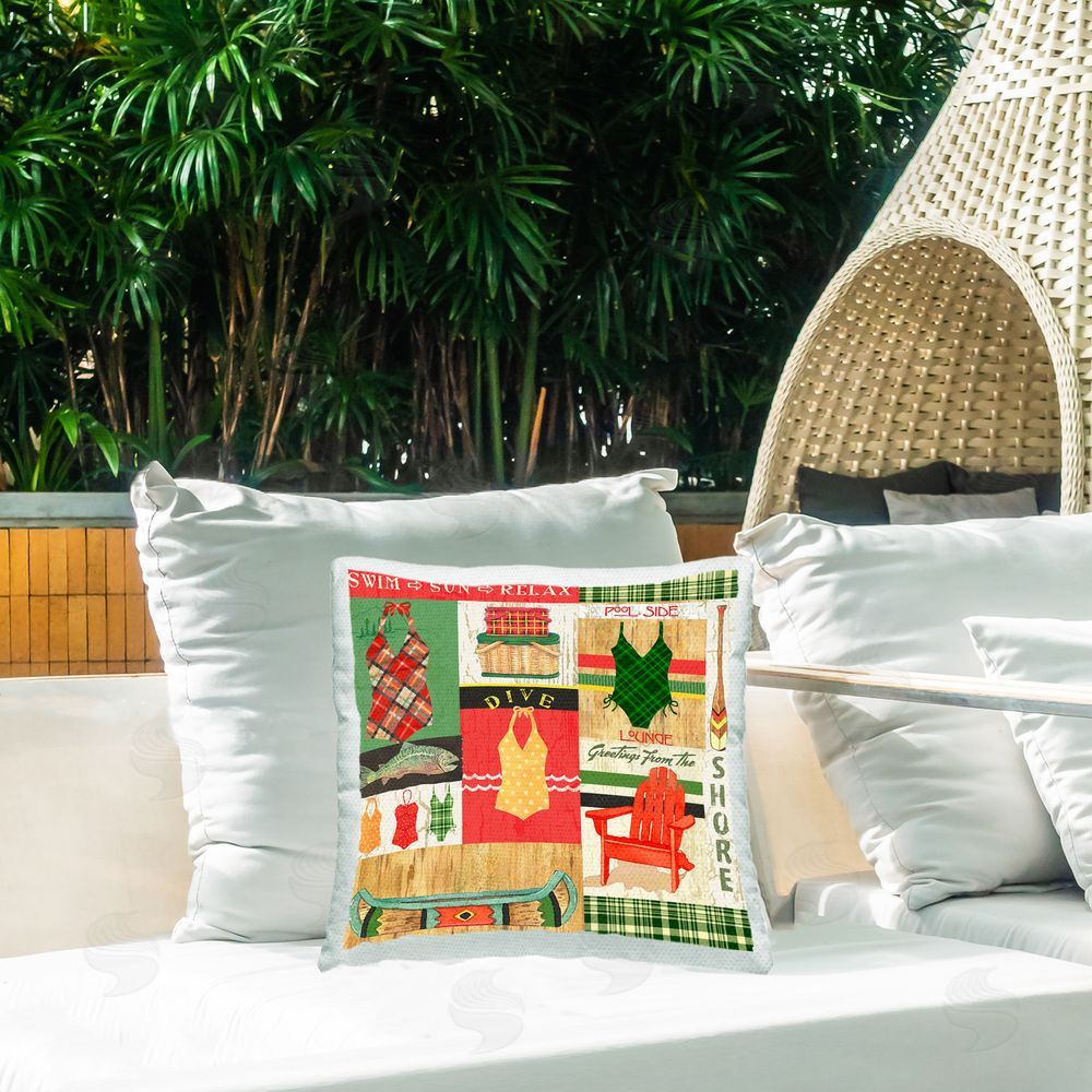 Andrea Tachiera Summer Swimsuit Collage Outdoor Quick-Dry Polyester Printed Throw Pillow in Back Yard