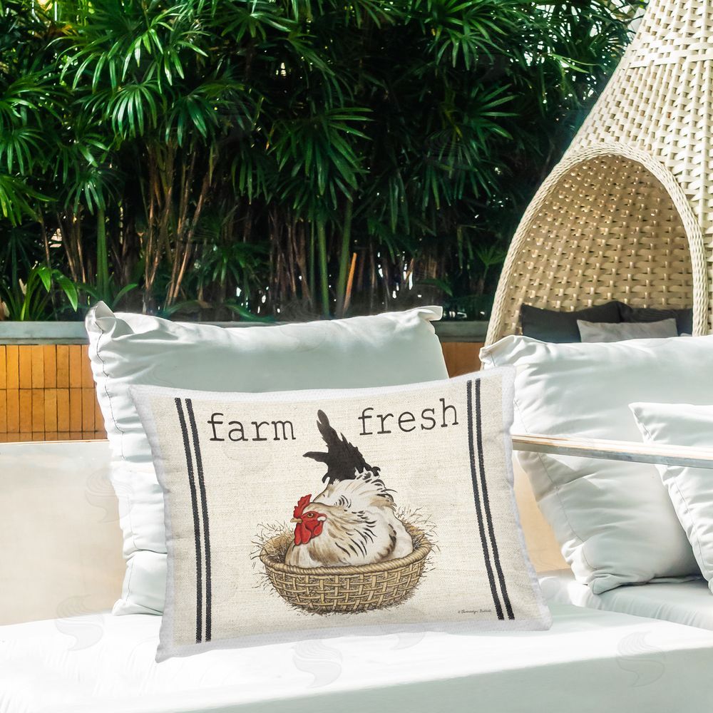 Gwendolyn Babbit Farm Hen in Basket Outdoor Quick-Dry Polyester Printed Throw Pillow in Back Yard