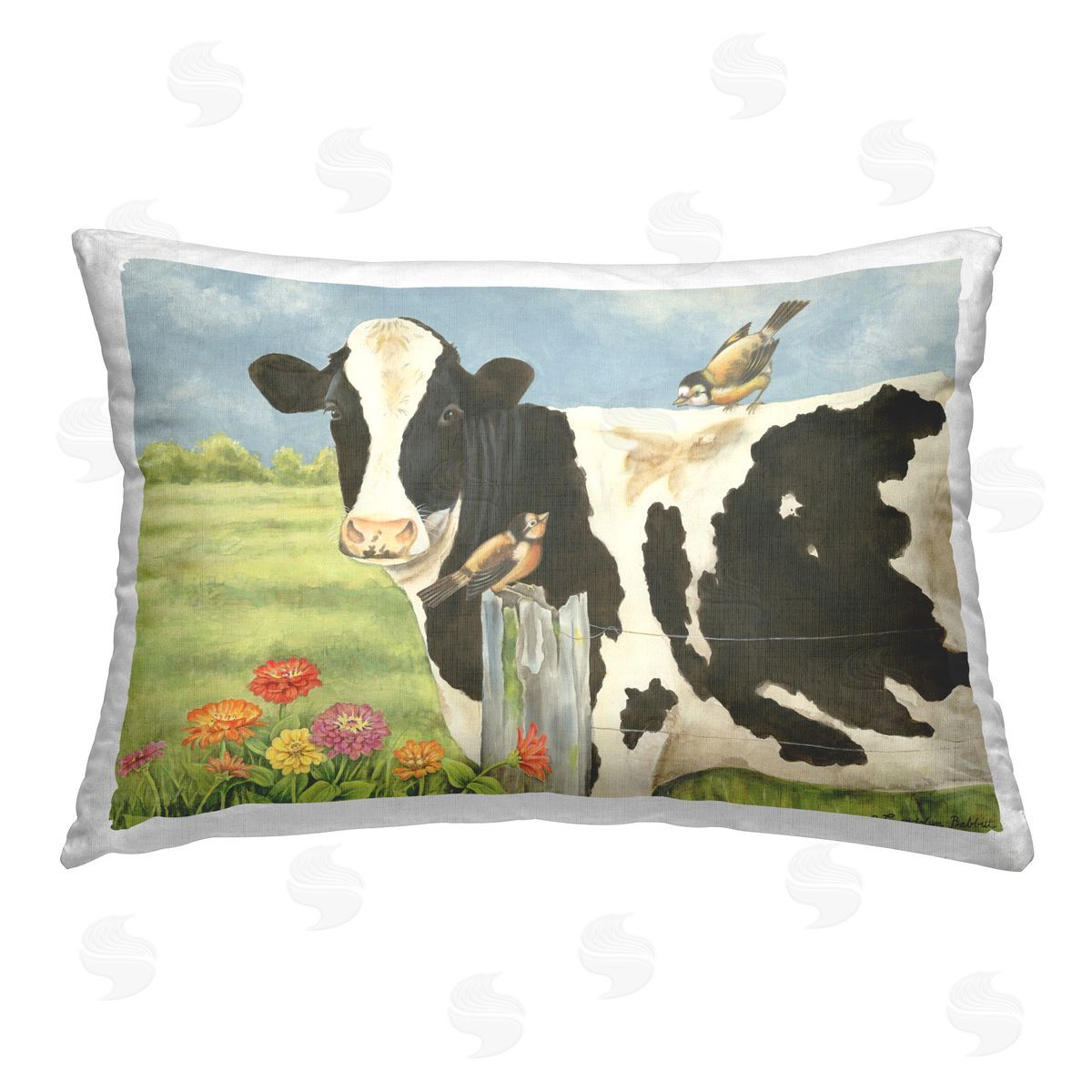 Gwendolyn Babbit Bird Perched on Cow Printed Plush Polyester Throw Pillow