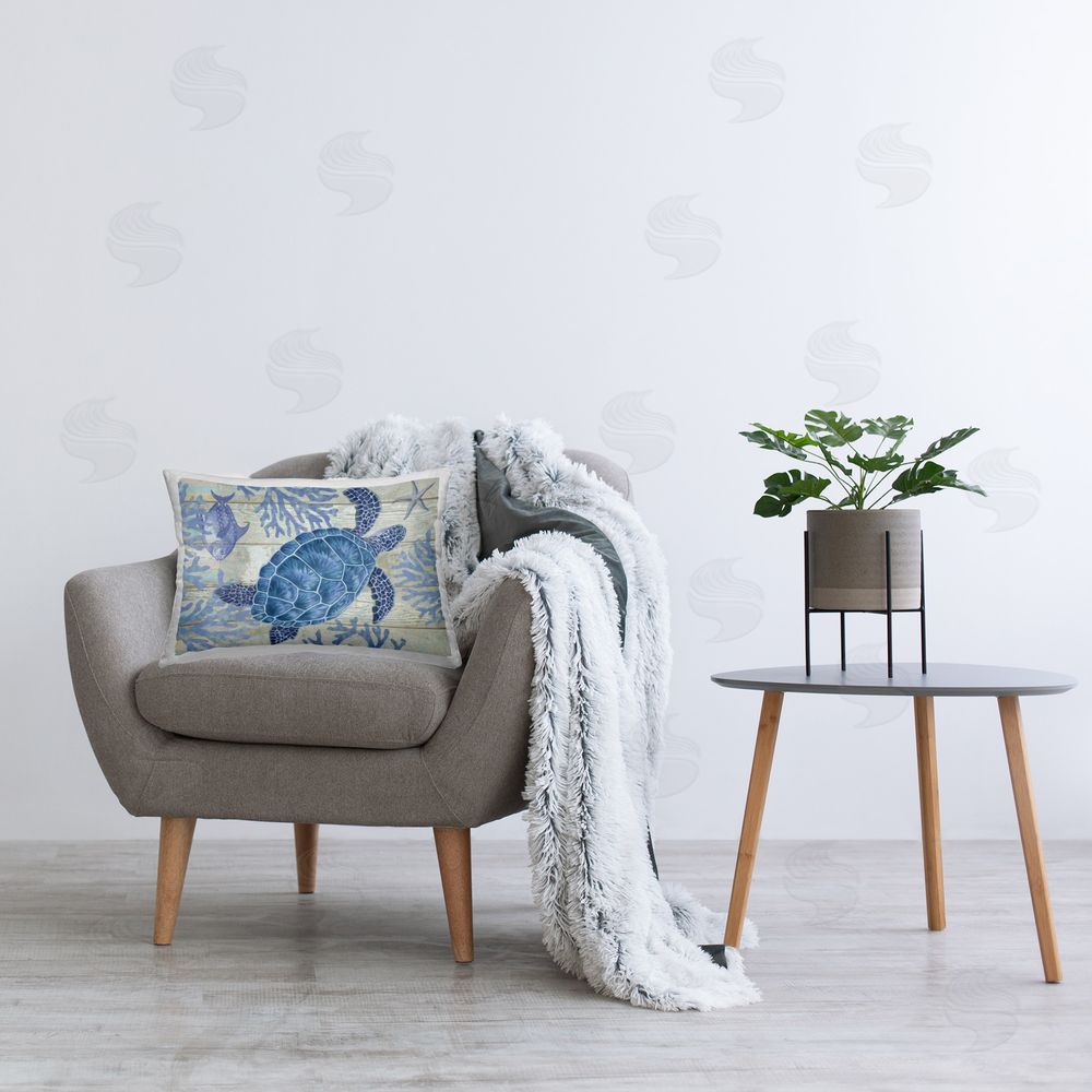 Andrea Tachiera Rustic Blue Turtle Printed Plush Polyester Throw Pillow On Chair