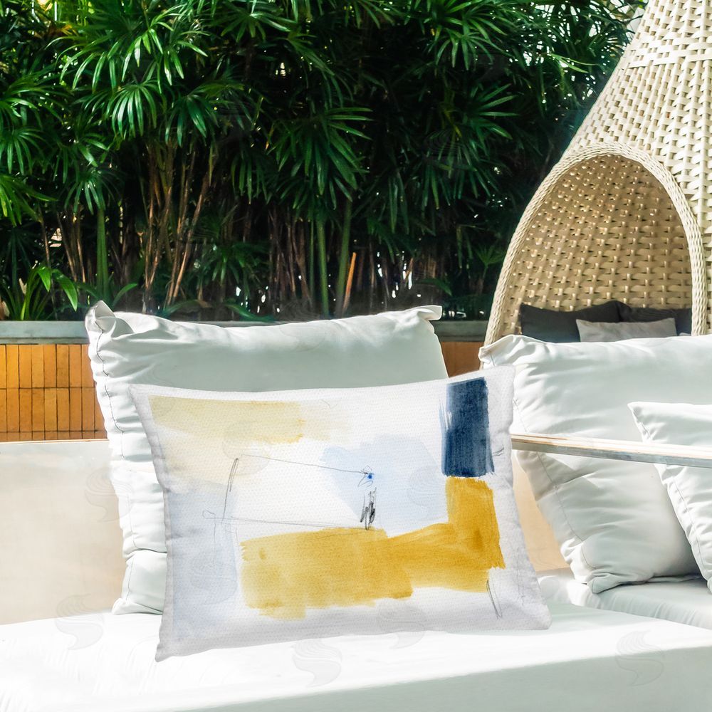 Victoria Barnes Yellow & Blue Abstract Outdoor Quick-Dry Polyester Printed Throw Pillow in Back Yard