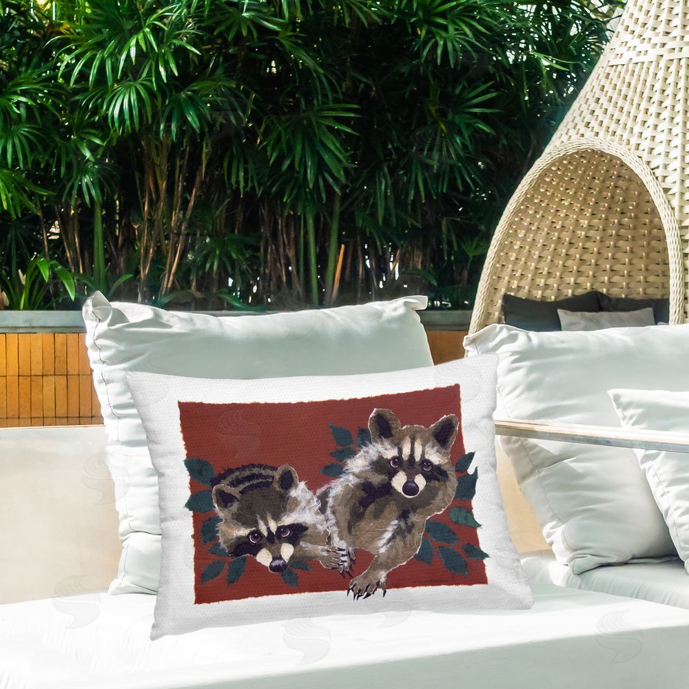 Nancy Overton Two Raccoons & Leaves Outdoor Quick-Dry Polyester Printed Throw Pillow in Back Yard