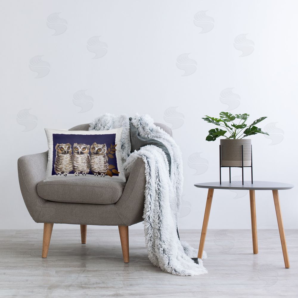 Nancy Overton Owl Trio & Leaves Printed Plush Polyester Throw Pillow On Chair
