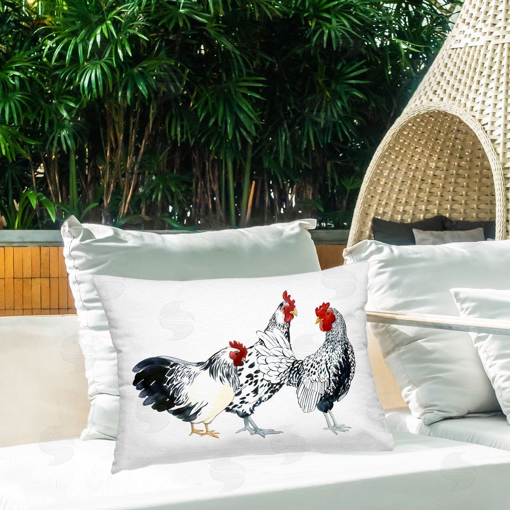 Sherri Buck Baldwin Chicken Trio on White Outdoor Quick-Dry Polyester Printed Throw Pillow in Back Yard