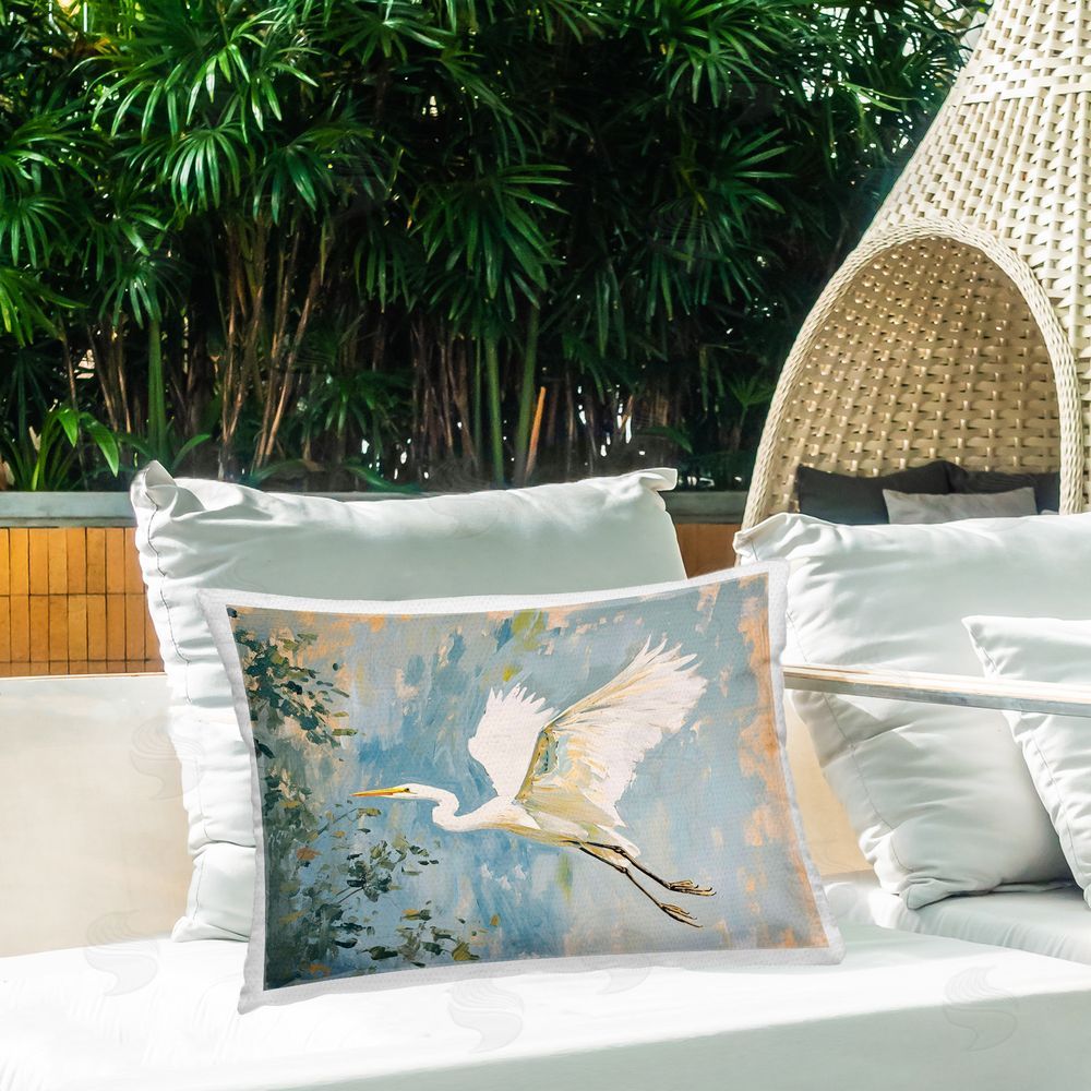 Ramona Murdock White Heron in Flight Outdoor Quick-Dry Polyester Printed Throw Pillow in Back Yard