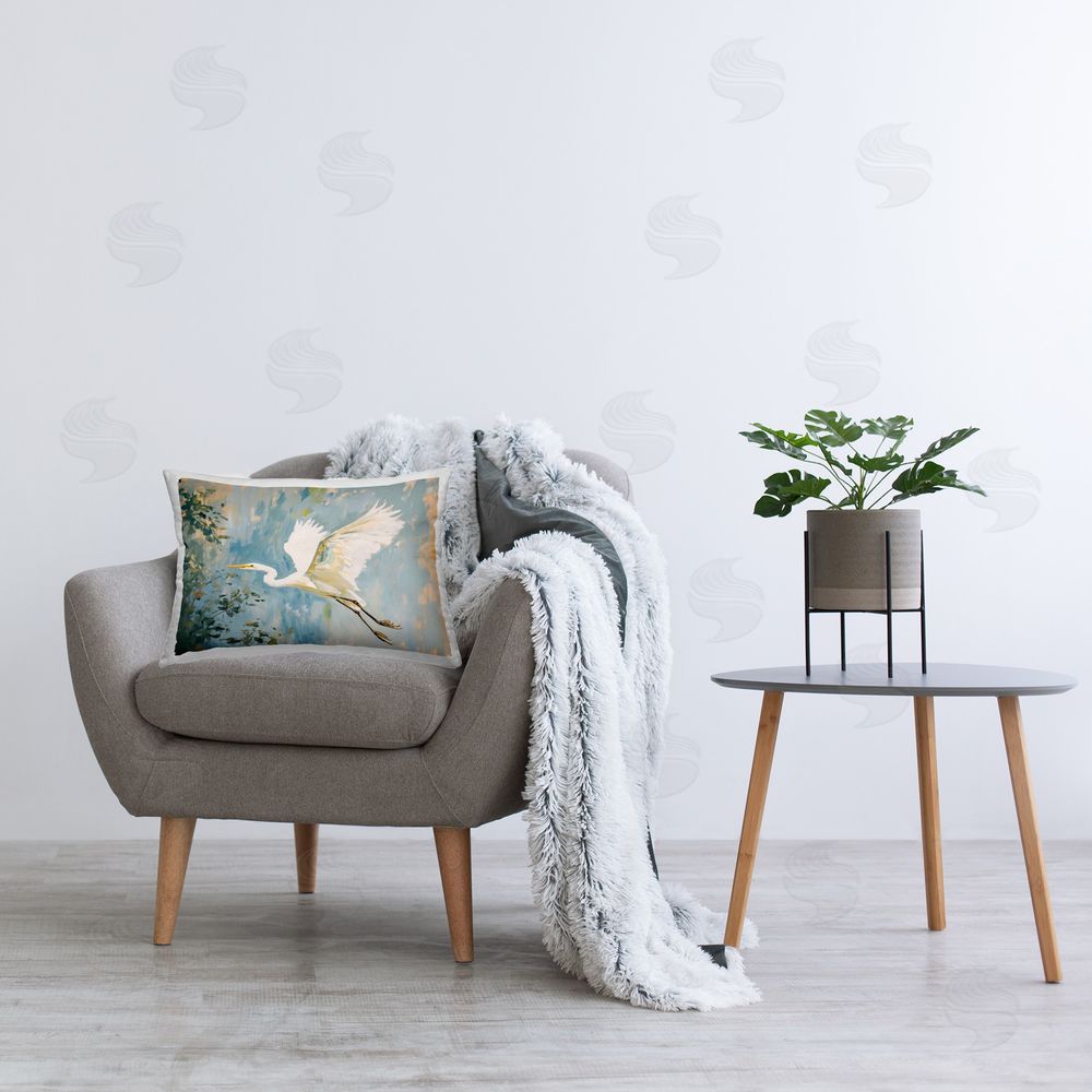 Ramona Murdock White Heron in Flight Printed Plush Polyester Throw Pillow On Chair