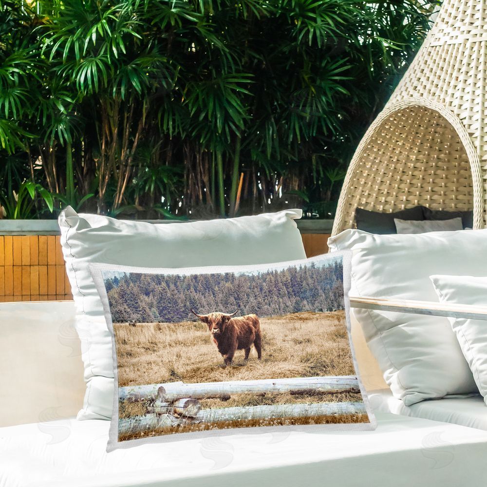 Gail Peck Country Cattle with Fence Outdoor Quick-Dry Polyester Printed Throw Pillow in Back Yard