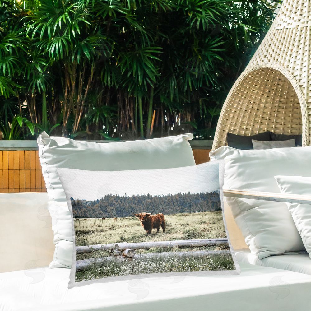 Gail Peck Cattle Overlooking Fence Outdoor Quick-Dry Polyester Printed Throw Pillow in Back Yard