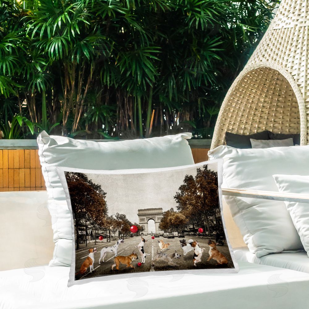 CAD Designs Dogs Playing Among Architecture Outdoor Quick-Dry Polyester Printed Throw Pillow in Back Yard