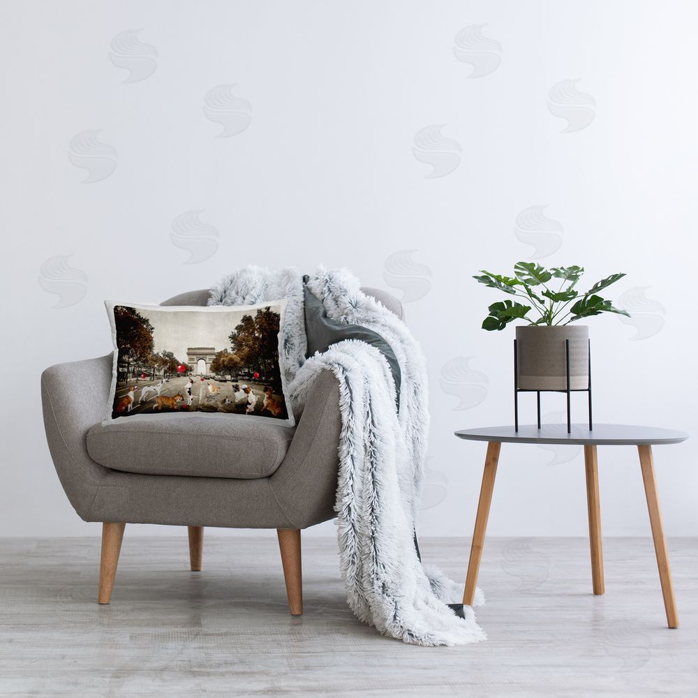 CAD Designs Dogs Playing Among Architecture Printed Plush Polyester Throw Pillow On Chair